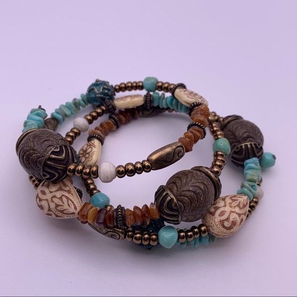 Boho Blue and Brown Spiral Bead Bracelet - Picture 1 of 6